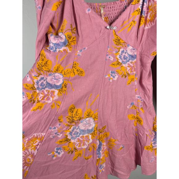 Free People Francesca Floral Puff Long Sleeves Mini Dress Rose Pink Size Large - Picture 6 of 12